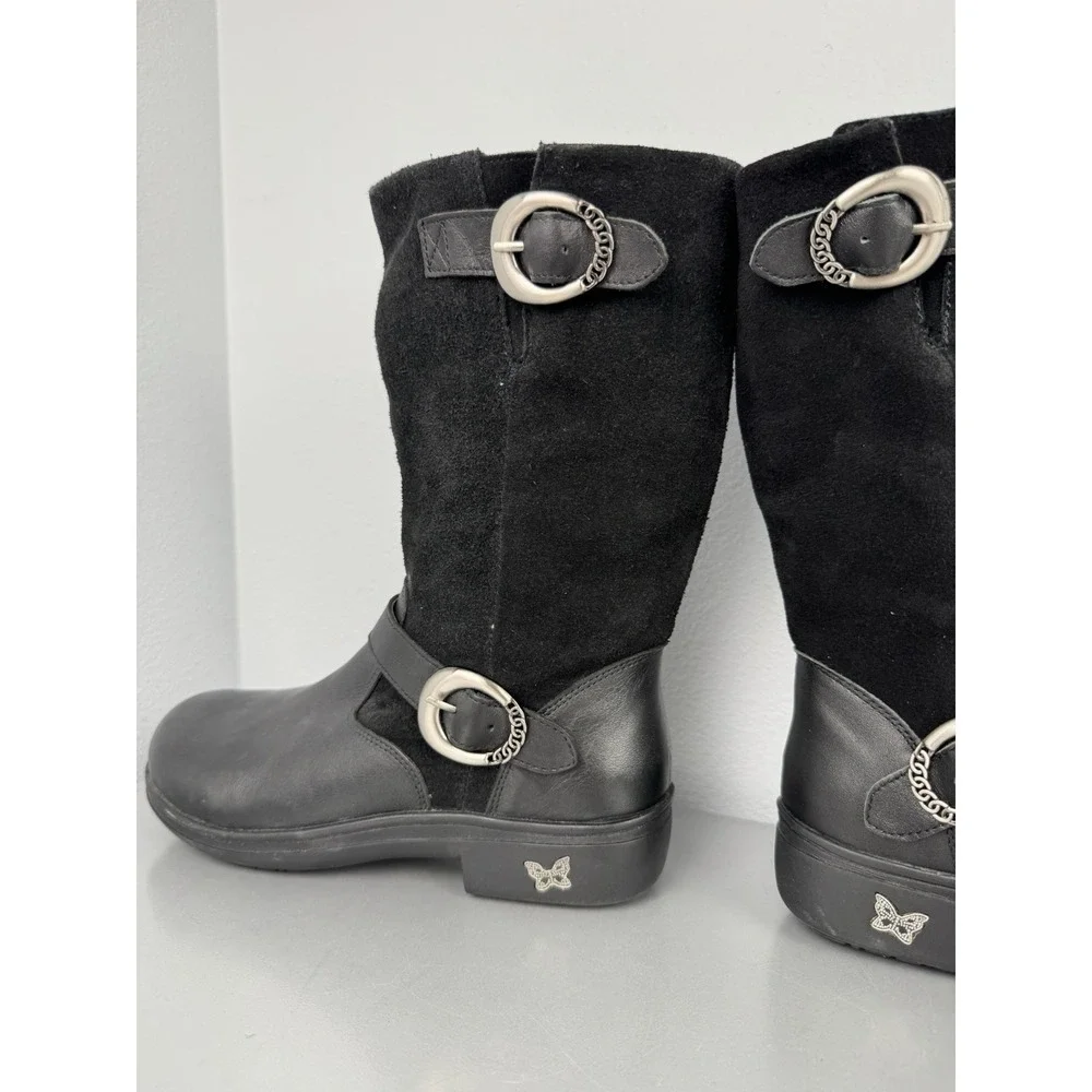 Alegria Boots Womens 8 /‎ 38 Black Suede Leather Buckle Biker Moto Zip Mid Calf